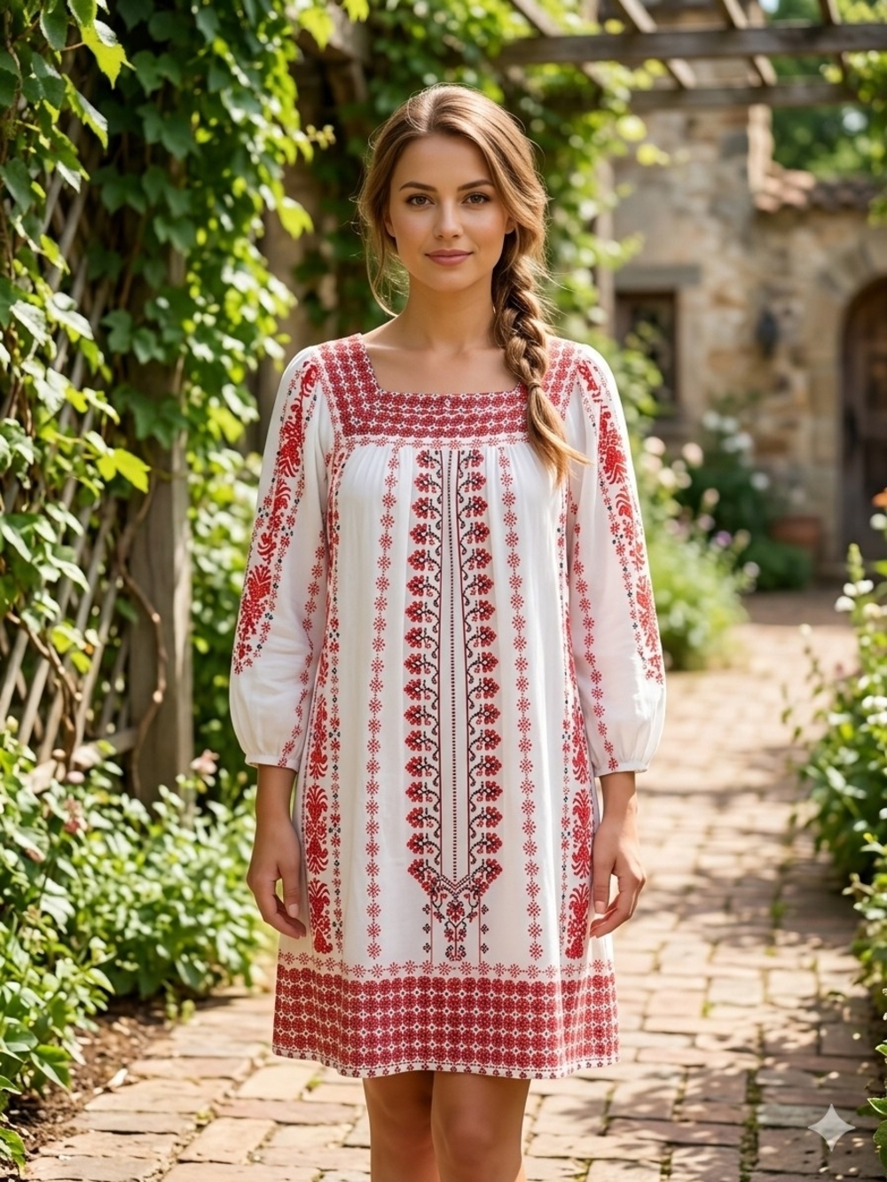 audrey White Dress with Red Embroidered Pattern